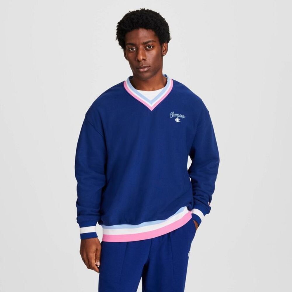 Champion Men's Club Sport Striped V-Neck French Terry Pullover - Blue Depths XL